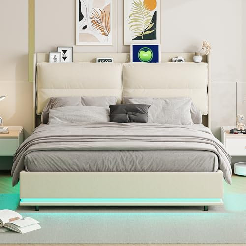 BPKADHY Doppelbett, 160 x 200 LED, Bettkasten mit USB und Typ-C, gepolstertes Bett aus Samt für Erwachsene, Polsterbett mit Aufbewahrung (Elfenbein, 160 x 200 cm)