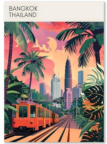 Happymotive Städteposter | Bangkok Retro Poster Vintage | Schlafzimmer Deko Bild im Hochformat | Bilder Wohnzimmer | Kunstdrucke in DIN A2, DIN A3, DIN A4 300g Papier ohne Rahmen