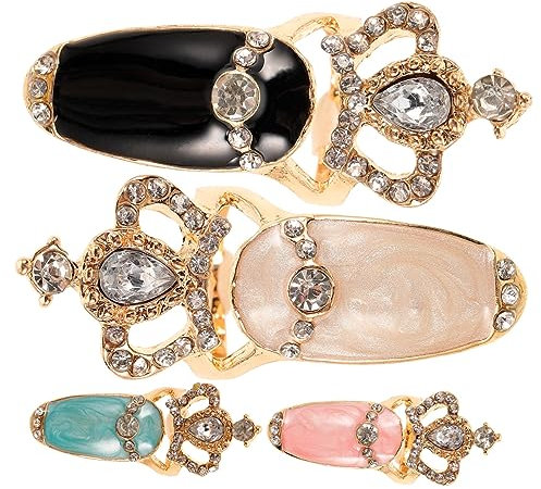 Ipetboom 4pcs Crown Nail Ring Glue Nails Tabs Rhinestone Art Gems Fashion Ring for Women