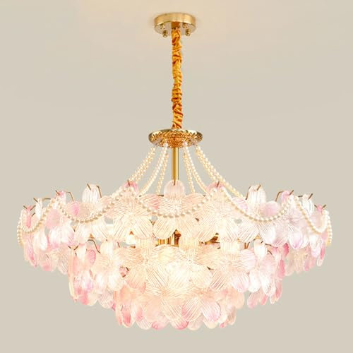 Lustre pour filles pour plafond de chambre à coucher, lustre en verre rose, lustre à fleurs bleu nordique moderne, luminaires suspendus, grand lustre à tambour pour table de salle à manger, salle de