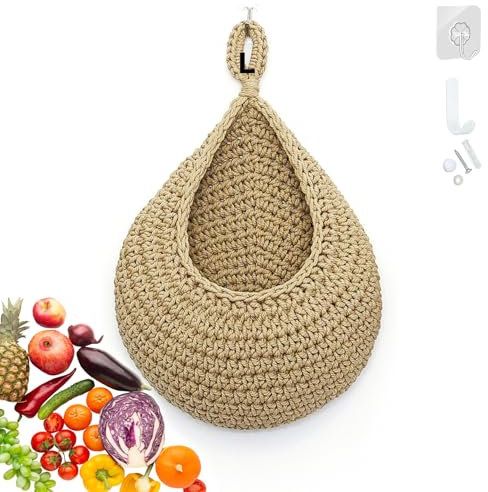 YANJINGHE Cesto Portaoggetti da Appendere, Cesto in Rete Intrecciato, Cestino Sospeso con Gancio, Cestino Frutta Parete, Cesto Portafrutta, Fioriere da Parete per Frutta, Verdura (Marrone, Grande)