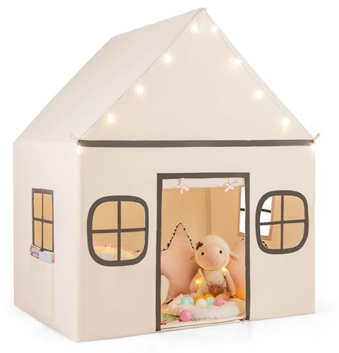 COSTWAY Spielhaus Kinder Indoor, Kinderzelt mit Sternlichter & Gepolsterte Matte, Spielzelt mit Türvorhang & Fenstern, Kinderspielhaus für Jungen & Mädchen ab 3 Jahren (Beige + Schwarz)