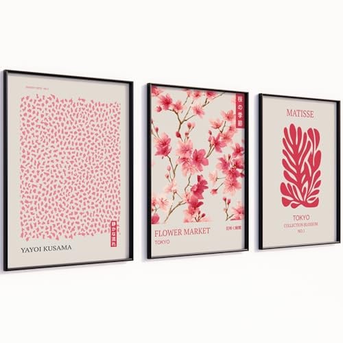 MJ-GRAPHICS® Matisse Poster Set Pink Bilder mit Rahmen Wandbilder Wohnzimmer Deko Schlafzimmer Wanddeko Bilder Set A2 3er Abstract Art Wandbilder Schwarzer Rahmen