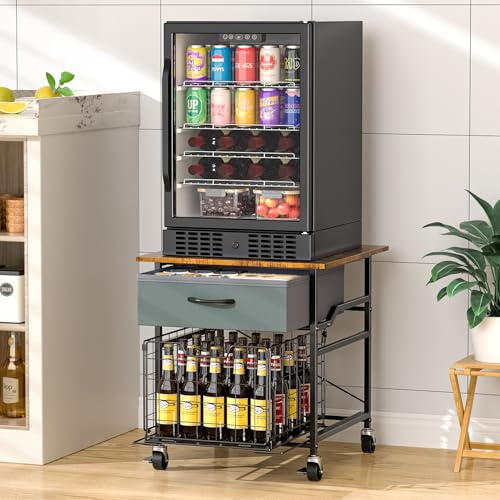 GloCryp Mini Fridge Stand, Heavy-Duty Mini Fridge Table with Storage, Small Refrigerator Stand with Rolling Wheels for Dorm, Kitchen,Pantry