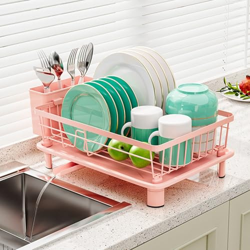 Dish Drainer Rack, Pink Dish Drying Rack for Kitchen Countertop, Pink Color | Draining Board Rack, With Cups, Utensil & Cutting Board Holders, For Kitchen Counter, Space-Saving, Leak Free & Mess Free