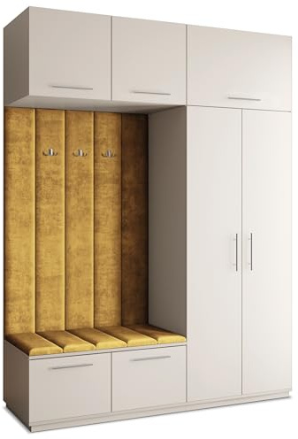 Masseno Flugarderoben Set Rema, Kleiderschrank-Set mit Sitzbank, Garderobenschrank Flur mit 5 Regalböden, Kaschmir