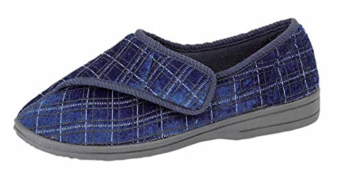 Mens Navy Check Velour Washable Touch Fastening Slipper - George - Navy Check - size UK Mens Size 11