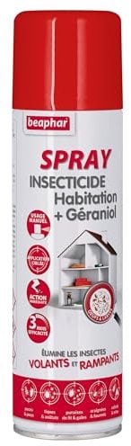 BEAPHAR – Spray insecticide habitation + Géraniol – Tue les insectes volants, rampants, les œufs et larves – Pour traiter des zones ciblées – Action longue durée jusqu'à 3 mois – Flacon 500ml