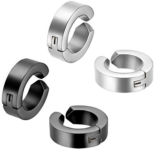 JewelryWe Schmuck 4x Creolen Edelstahl ohne Loch Fake Ohrstecker Ohrclips Klappcreolen Huggie 4mm, Silber Schwarz