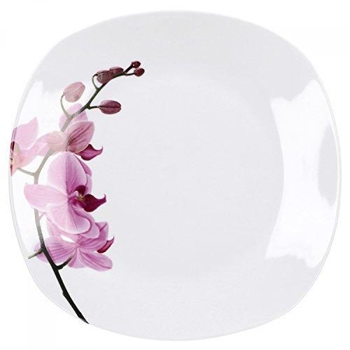 Van Well Speiseteller Kyoto, 250 x 250 mm, Menü-Teller, großer Essteller, Servierteller, Porzellan-Geschirr, Blumen-Dekor Orchidee, rosa-rot, pink