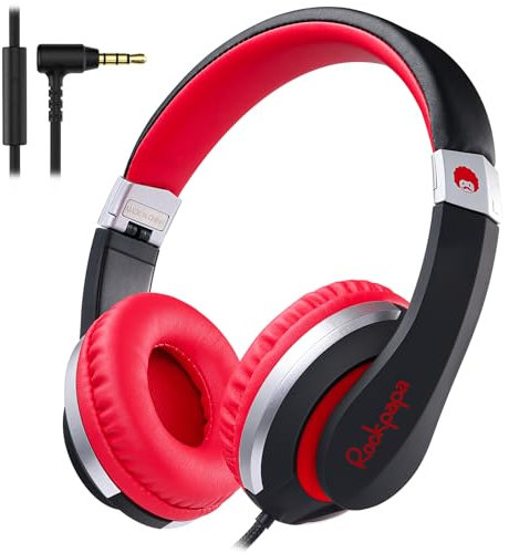 Rockpapa I20 Wired Headphones, Wired Headset On Ear Stereo Headphone with Microphone for Kids Children Adult, Adjustable Headband, Foldable Headphones for Travel/PC/Mac/Laptop/Phone (Black Red)