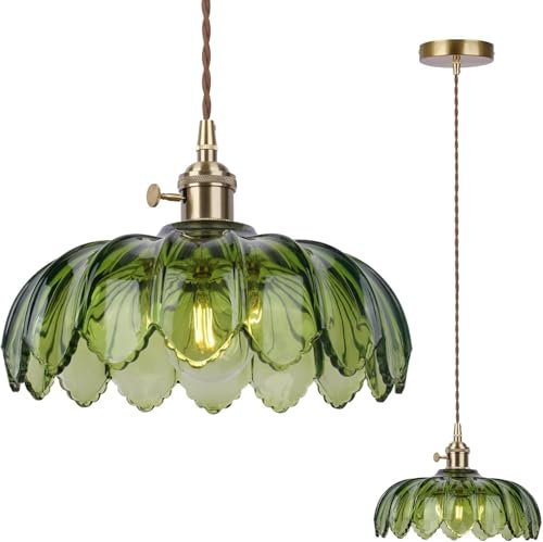 SENFAY Vintage Pendant Lamp Glass Hanging Light Industrial Chandelier Ceiling Pendant Light for Loft Coffee Bar Kitchen Island with 9.84 Semicircle Transparent Green Lampshade