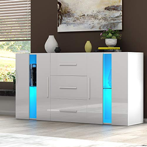 Panana Modern Sideboard High Gloss Fronts Storage Cabinet Cupboard with Three Drawers and Two Doors RGB LED Lights Living Room Hallway White (White)
