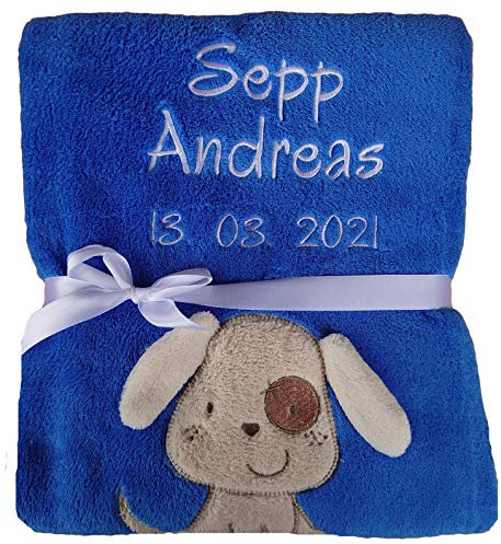 Wuff-Dogsworld Babydecke viele Farben & Motive mit Namen/Geburtsdatum Bestickt Geschenk Baby (dunkelblau Hund)