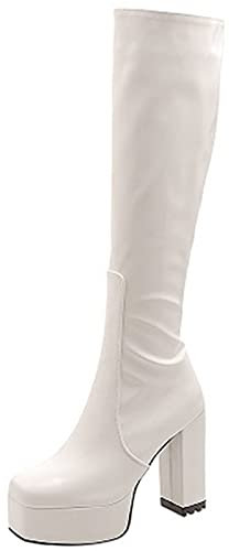 CUTEHEELS Lässige Plateau-Kniehohe Stiefel mit Klobigem Absatz und Eckiger Zehenpartie für Modische Damen (Weiß, 41EU)