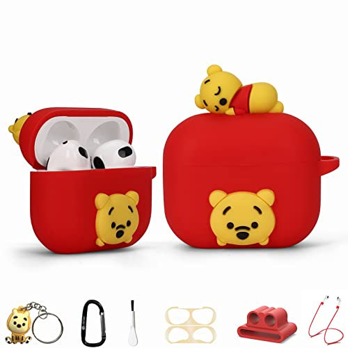 Winnie Cartoon Hülle für Apple Airpods 3, 8-in-1-Zubehör-Set, Schutzhülle, 3D-Anime-Design, Silikonhülle/Stitch Schlüsselanhänger/Metall-Staubaufkleber/Anti-Verlust-Seil. Das beste Geschenk