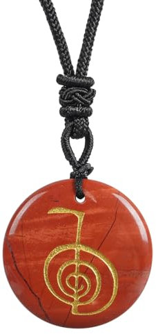 Lovionus89 Runde Stein-Glücksmünzen-Spirale Reiki-Symbol Kristallstein-Anhänger-Halskette für Männer und Frauen verstellbar 60-65 cm, Roter Jaspis