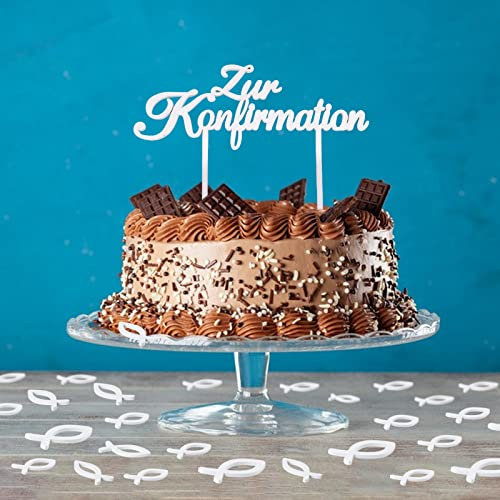 BHGT Zur Konfirmation Cake Topper Holz Weiß 36 Pcs Fische Streudeko Holzfische Tortendeko Torten Topper Tischdeko Konfirmation Taufe Kommunion Dekoration für Junge Mädchen (Weiß)