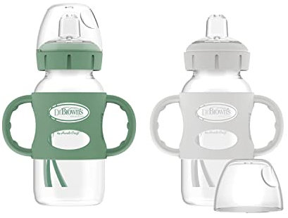 Dr. Brown's Milestones - Botella de cuello ancho con asas 100% de silicona, asas de fácil agarre con boquilla suave, 270 ml, verde y gris, paquete de 2, 6 meses +