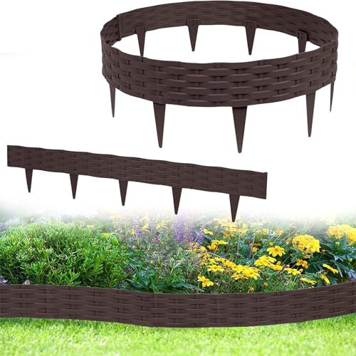 YRHome 5m Rasenkante Beeteinfassung Beetumrandung Gartenpalisade mit 5 Elemente á 100 cm Kunststoff Rattan Design Beetzaun Weidezaun Palisaden Biegbarer UV-beständig Wetterfest Erdspieß Braun