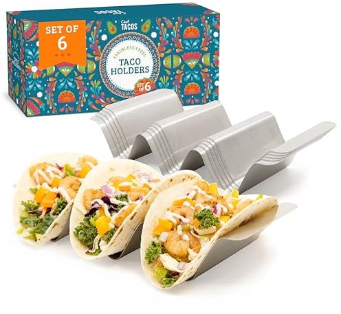 Chef Tacos Stainless Steel Taco Holder Set of 6 - Taco Holder Stand with Handles, Dishwasher and Grill Safe Taco Rack, Taco Serving Set, BPA-Free Metal Taco Stand