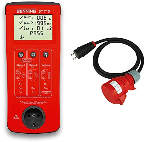 Benning 050308 ST 710 Kontrollinstrument, rot & NW Powersolutions NW10043 Messadapter Prüfadapter Schuko Stecker auf 16A CEE Kupplung 5-Polig für DGUV V3 VDE 0701/0702 1,5m Anschlussleitung
