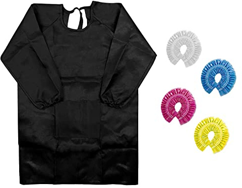 1 Piece Kids Black Smock Craft Kitchen Painting Apron Long Sleeve Reusable Waterproof Stain Resistant with 4 Pieces Waterproof Caps.