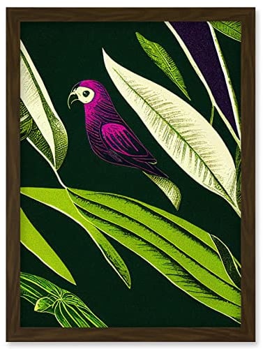 Wee Blue Coo Pink Parrot and Tropical Plant Leaves Vintage Linocut Pattern Detail Artwork Framed Wall Art Print A4