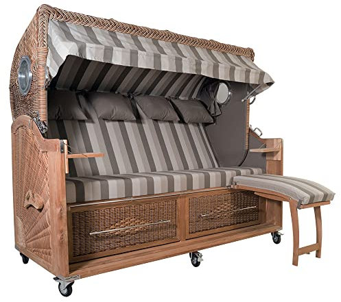 Familien Strandkorb Kampen 4-Sitzer Spezial Banana Set 45 Sahara Polyrattan PE-Geflecht Teakholz Teak