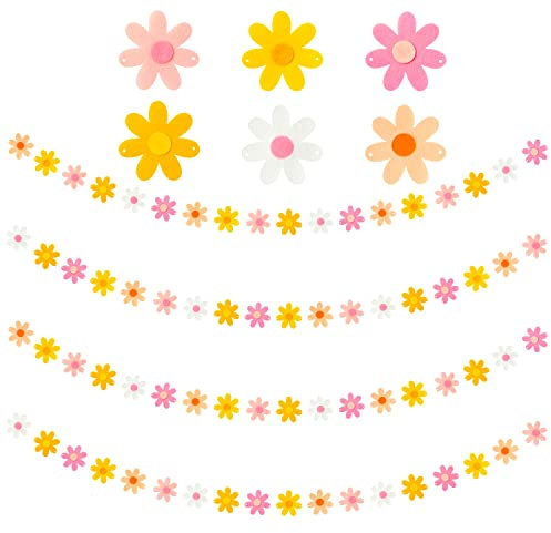A1diee 4 Stück rosa orange Gänseblümchen Groovy Boho Girlande Filz Künstliche Blumen Ranken Banner Frühling Hippie Gänseblümchen Party Supplies Outdoor Fake Hanging Flower String Girlande Ästhetische
