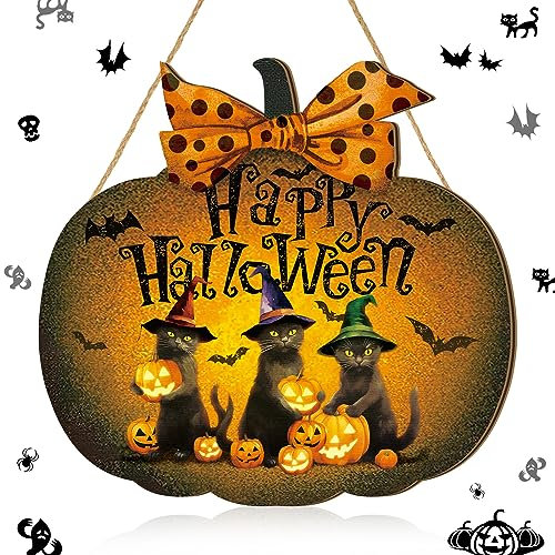 Huwena Halloween Willkommens-Türschild Hängeschild Holz Vintage Rustikaler Türhänger Dekor Halloween Horror Muster Willkommen Haustürschild Wanddekoration für Indoor Outdoor Party (Schwarze Katze