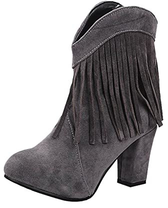 QWUVEDS Stivali con tacco alto, con tacco alto, colore nero, sexy, con frange, alto spessore, alla moda, opachi, tacco alla caviglia, tinta unita, da donna, taglia 31 sandali estivi da donna, grigio.,