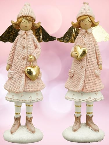 Pommerntraum ® | 2-ER Set Elfen Engel Schutzengel Engelchen Nana Engel Weihnachtsengel Weihnachtsfiguren Dekorationsfiguren Schreibtischfiguren (rosa mit Herzchen)