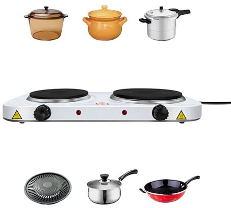 1000W+1500W Double Hot Plate With Independent Adjustable Temperature Control, Portable Electric Stove Small for Home, Office, Camping, Secure Non-Slip Feet, White