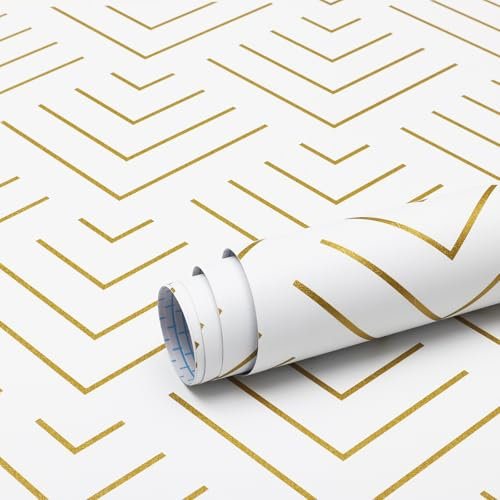 Timeet Self Adhesive Wallpaper White and Gold Peel and Stick Wallpaper Geometric Sticky Back Vinyl Gold Lines Geo Contact Paper Texture Wall Covering Waterproof Decorative Removable Film 44x300cm