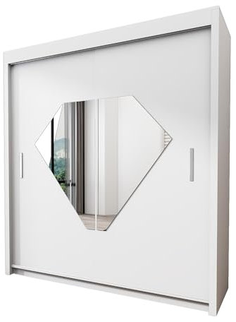 INTERWOOD Diamond Mirror Sliding Doors Wardrobe, featuring double sliding Doors, Hanging Rails & Adjustable Shelves, offers Space Saving solutions for Bedroom furniture in Matt finish 203 cm (White)