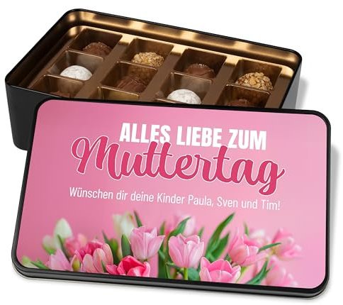Geschenk für Mama: Pralinendose personalisiert „Alles Liebe zum Muttertag - Tulpen“ – Metalldose mit 12 Pralinen – Schokolade Geschenkidee Muttertagsgeschenk für Mutter