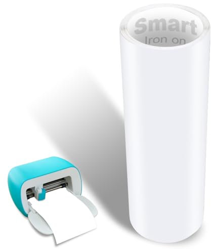 Weiß Smart Iron on für Cricut Joy, 14x200cm Smart Heat Transfer Vinyl Rollen HTV Ohne Schneidematte, Smart Iron on Vinylfolie Plotter Selbstklebend PU Plotterfolie Textil für DIY Stoffe T-Shirts