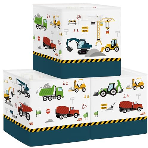 Clastyle 3 Stück Autos Kinder Aufbewahrungsbox Stoff Junge Mädchen Aufbewahrungskorb mit Griffen Spielzeug Aufbewahrungswürfel Organizer für Bücher Kleidung,Baufahrzeug,30x30x30 cm