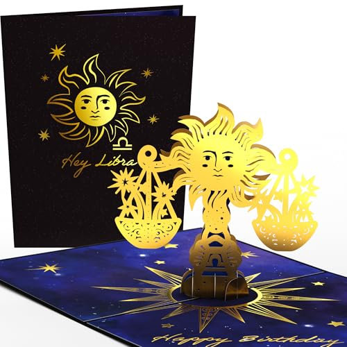 Lovepop® Sternzeichen Waage Geburtstag 3D Pop-Up Karte Geburtstagskarte Zodiac Libra | Hochwertige Gold-Effekte | Fach für Geld & Gutscheine | Premium-Umschlag