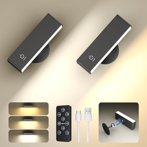 YiLaie 2 Pezzi Applique LED da Parete Interno con Telecomando, 3 Temperature di Colore, Controllo Touch, Applique Ricaricabile da Parete da 4000 mAh, Ruotare di 360° Magnetica Lampada da Lettura