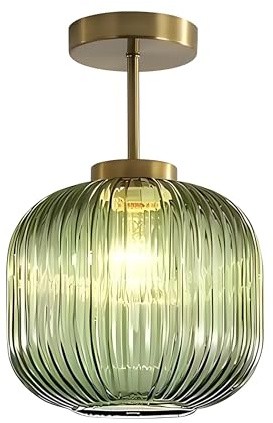 XIRYTU-H Vintage Pendelleuchte aus Glas & Messing, Minimalistische Deckenleuchte E27, Retro Hängelampe für Schlafzimmer, Flur & Wohnzimmer (Grün)