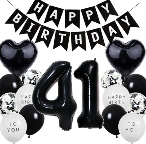 Feelairy Luftballon 41. Geburtstag Mann Frau, 41 Geburtstag Deko Schwarz, Geburtstagsdeko 41 Jahre Männer, Geburtstag Girlande Happy Birthday Deko Schwarz, Ballon 41 Deko zum Geburtstag Frauen