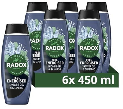 Radox Mineral Therapy Feel Energised 2-in-1 Shower Gel & Shampoo Men's Body Wash with marine minerals & eucalyptus for a cooling experience 6x 450 ml