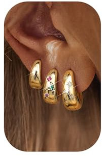 Adramata 3 Paare Ohrringe Gold 14K Vergoldete Ohrringe Set Hypoallergen Klein Creolen Chunky Statement Schmuck