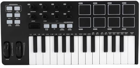 MIDI Controller, 25 Key USB MIDI Keyboard Controller, MIDI Keyboard with DAWs, 8 Backlit Drum Pads, 8 Knobs and Music Production Software Included