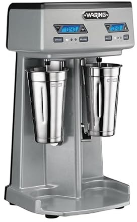 Waring Heavy-Duty Double-Spindle Drink Mixer with Timer | Includes two steel cups and a programmable 10-minute timer with auto-shutoff; independent motors prevent overheating.