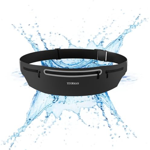 YITORMAN Laufgürtel mit wasserdichtem, verstellbarem, elastischem Gurt, schweißresistente Gürteltasche, passend für alle Handys und Taillengrößen, große Kapazität, Laufen, Training, Outdoor (Schwarz)