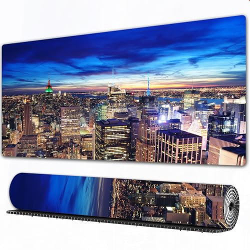 FEHWI Tappetino per mouse da gioco,grande,antiscivolo,impermeabile,con bordi cuciti,tramonto con nuvole colorate sull'Empire State e sui grattacieli del centro di Man,per gaming,ufficio,casa,90×40 cm