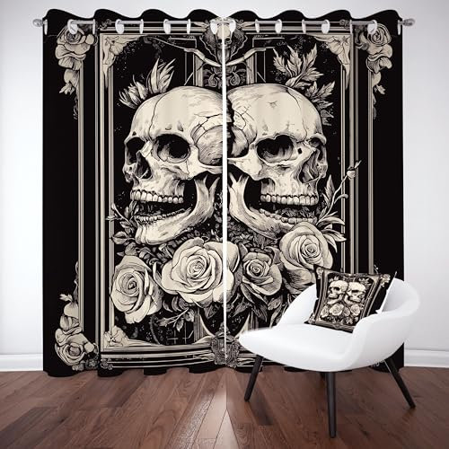 Sobhdga Vorhang Blickdicht Horror Skull Rosen, Gotisch Totenkopf Gardinen mit Ösen 2er Set, Vorhänge Vintage Mystische, Thermovorhang Kälteschutz für Wohnzimmer Schlafzimmer H 175 x B 70 cm
